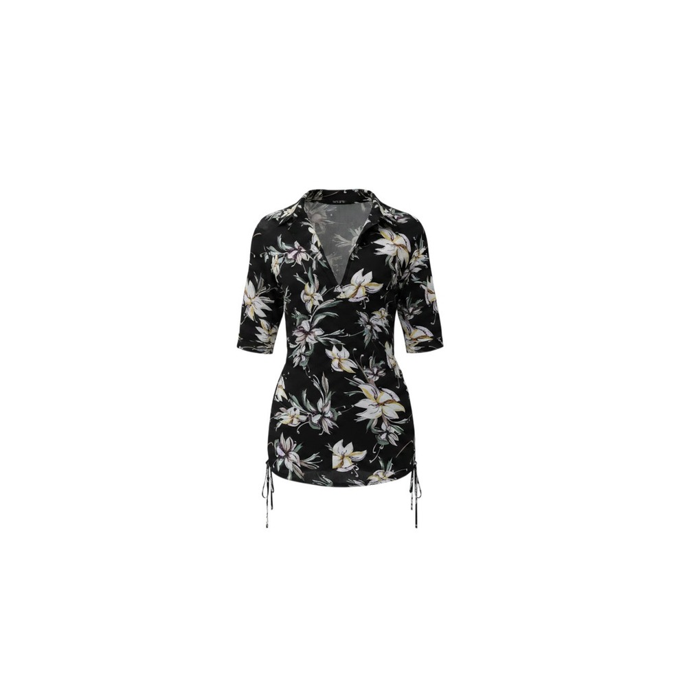 Amang NY Floral Mesh Top Womens L Black Side Cinch Drawstring V-Neck